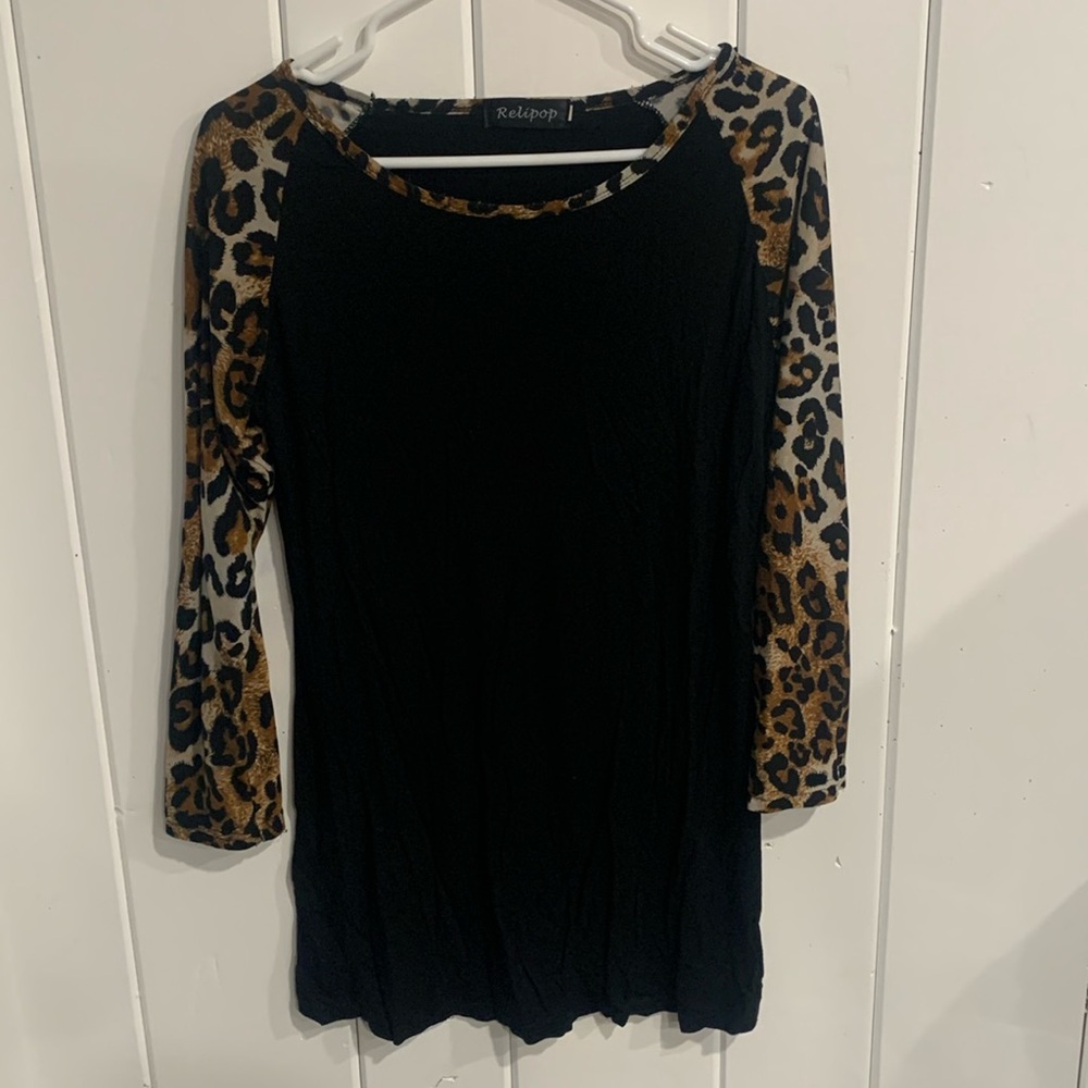 Relipop Black Blouse W/Animal Print Sleeves